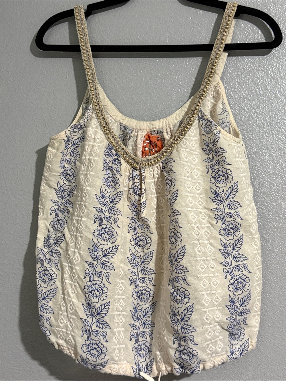 Free People Cream Tank with Blue Floral Embroidery